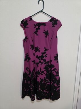 London Times Magenta and Black Floral Fit-and-Flare Midi Dress